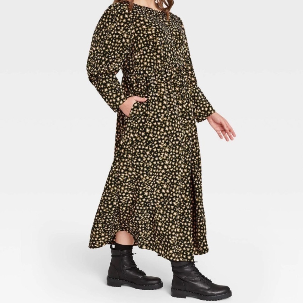 Who What Wear Olive Green Pink Leopard Print Puff Sleeve A-Line Midi Dress